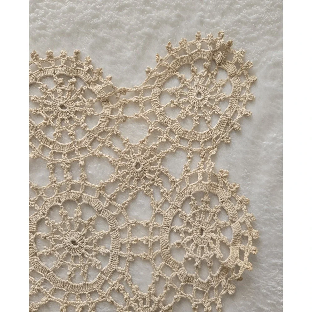 Vintage Hand Crocheted Lace Doily Mats Set of 2 Beige Cotton Square Table‎ Decor